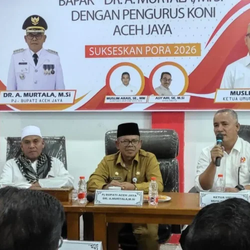 Foto: Pj. Bupati Aceh Jaya, Dr. A. Murtala, M.Si, silaturahmi dengan Komite Olahraga Nasional Indonesia (KONI) Aceh Jaya di Kantor KONI Aceh Jaya