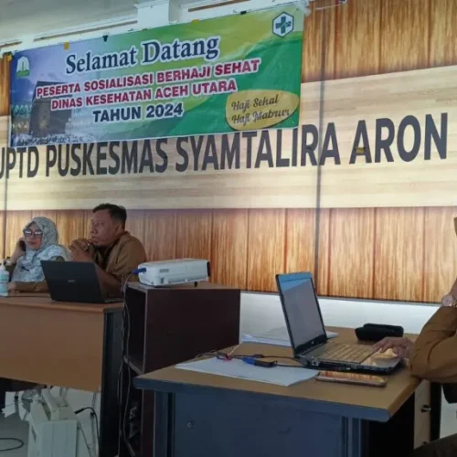 Foto: Kabid Pengendalian dan Pemberantasan Penyakit (P2P) dr. Ferianto, pada kegiatan Sosialisasi berhaji sehat yang digelar di UPTD Pusat Pelayanan Kesehatan Masyarakat (Puskesmas) Syamtalira Aron, Desa Simpang Mulieng Aceh Utara