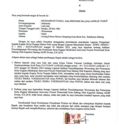 Foto: Rekam layar Surat Permohonan Pencabutan Laporan Pengaduan dari Ketua Laskar Muhammad Faisal, Selasa, 19 Maret 2024. Foto: Ist.