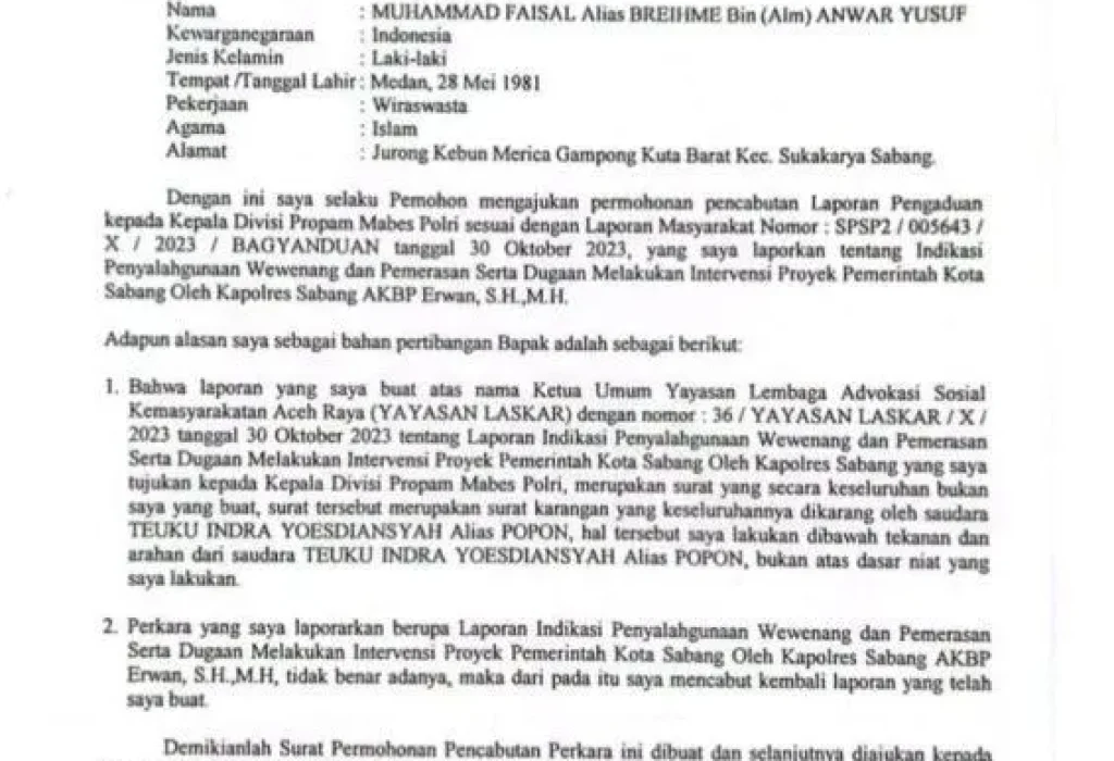 Foto: Rekam layar Surat Permohonan Pencabutan Laporan Pengaduan dari Ketua Laskar Muhammad Faisal, Selasa, 19 Maret 2024. Foto: Ist.