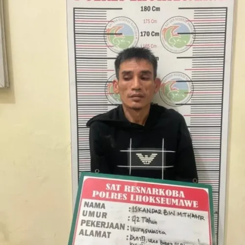 Foto: tersangka adalah IT (42 tahun) seorang wiraswasta yang tinggal di Dusun 3 Ulee Buket, Desa Blang Panyang, Kota Lhokseumawe