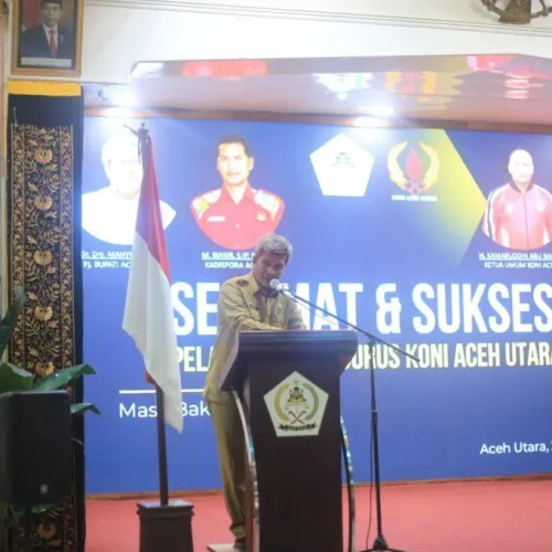 Foto: Penjabat Bupati Aceh Utara Dr Mahyuzar, MSi, meminta para Pengurus Komite Olahraga Nasional Indonesia (KONI) untuk memberikan atensi penuh terhadap kelancaran pelaksanaan agenda besar Nasional yakni Pekan Olahraga Nasional (PON) XXI Aceh – Sumut, yang akan berlangsung akhir tahun ini.
