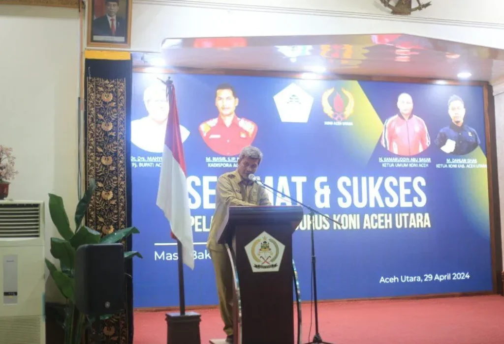 Foto: Penjabat Bupati Aceh Utara Dr Mahyuzar, MSi, meminta para Pengurus Komite Olahraga Nasional Indonesia (KONI) untuk memberikan atensi penuh terhadap kelancaran pelaksanaan agenda besar Nasional yakni Pekan Olahraga Nasional (PON) XXI Aceh – Sumut, yang akan berlangsung akhir tahun ini.