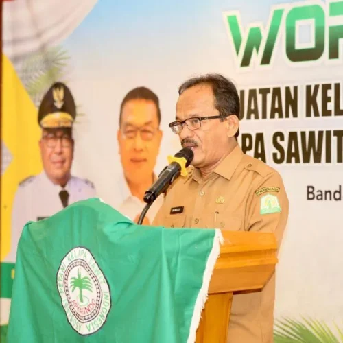 Foto: Asisten II setda Aceh Ir Mawardi menyampaikan sambutan sekaligus membuka Workshop Penguatan kelembagaan dan kemitraan kelapa Sawit rakyat provinsi Aceh.di Hotel Grand Arabia. Selasa, 6 Mei 2024.
