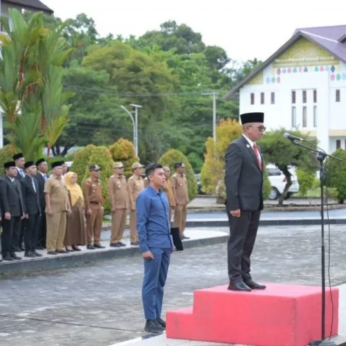 Foto: Penjabat (Pj) Bupati Aceh Jaya, Dr. A. Murtala, M.Si menjaddi Hirup pada HKN 116 dihalaman Kantor Bupati Kabupaten Aceh Jaya, Senin (20/5/2024).