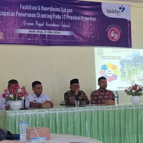 Foto: Pemerintah Kabupaten Aceh Jaya bersama Perwakilan Badan Kependudukan dan Keluarga Berencana Nasional (BKKBN) Provinsi Aceh menggelar Rapat Koordinasi Teknis Percepatan Penurunan Stunting di Kabupaten Aceh Jaya. Acara ini berlangsung di Aula Mina, Calang, pada Rabu (22/5/2024).