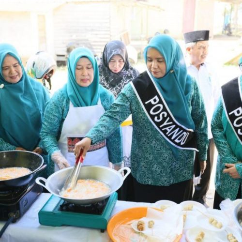 Foto: Pj Ketua Tim Penggerak PKK Aceh, Mellani Subarni, didampingi Bunda PAUD Aceh Jaya mengunjungi Posyandu Harapan Ibu dan membagikan makanan bergizi untuk bayi, balita serta ibu hamil, di Desa Santosa, Kecamatan Krueng Sabee, Aceh Jaya, Rabu 5 Juni 2024.
