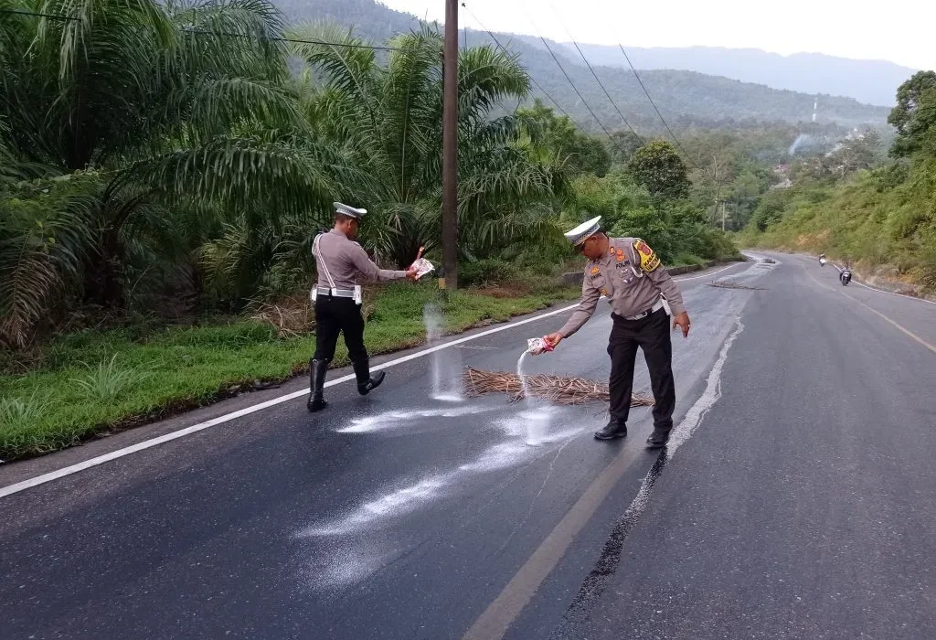 Foto: Tumpahan minyak mentah sawit atau crude palm oil (CPO) menggenangi ruas jalan nasional Tapaktuan-Subulussalam, tepatnya di Gunung Kapur, Trumon Tengah, Kabupaten Aceh Selatan