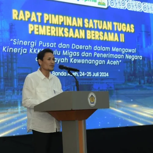 Foto: Asisten Perekonomian dan Pembangunan Sekda Aceh Zulkifli mebaca sambutan Pj Gubernur Aceh pada Rapat Satuan Tugas Pemeriksaan Bersama II Wilayah Aceh di Gedung Keuangan Negara di Banda Aceh, Rabu, 24 Juli 2024.