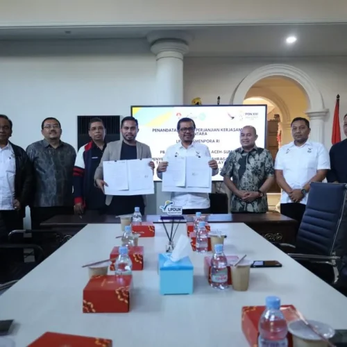 Foto: Pengurus Besar (PB) PON Aceh secara resmi melakukan penandatanganan perjanjian kerjasama dengan Lembaga Pengelola Dana dan Usaha Keolahragaan Kementerian Pemuda dan Olahraga Republik Indonesia.