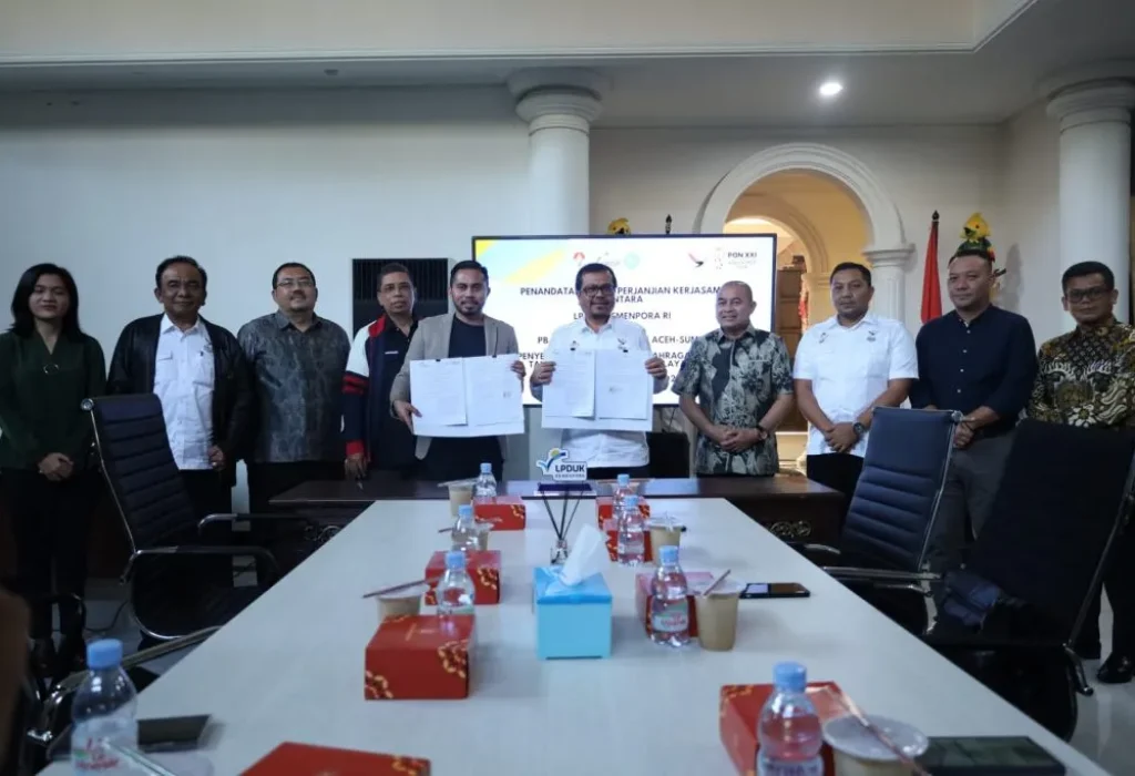 Foto: Pengurus Besar (PB) PON Aceh secara resmi melakukan penandatanganan perjanjian kerjasama dengan Lembaga Pengelola Dana dan Usaha Keolahragaan Kementerian Pemuda dan Olahraga Republik Indonesia.