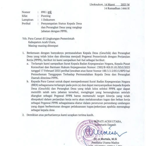 Foto: Surat yang dikirim kepada Para Camat se Aceh Utara