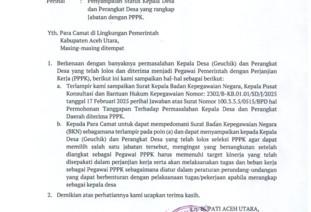 Foto: Surat yang dikirim kepada Para Camat se Aceh Utara