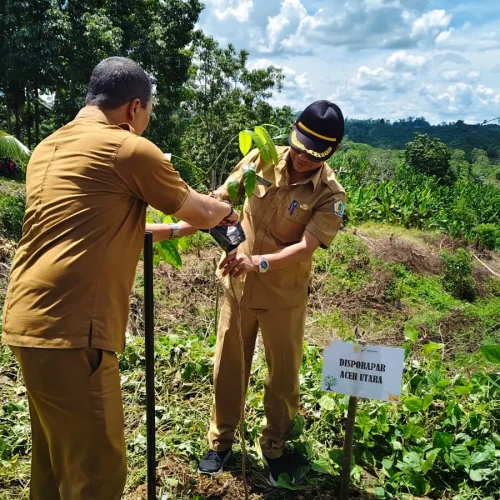 Foto: Kepala Dinas Kepemudaan, Olahraga Dan Pariwisata (Disporapar) Aceh Utara, Muhammad Nasir, S. Sos, M.SI, melakukan Penanaman Pohon