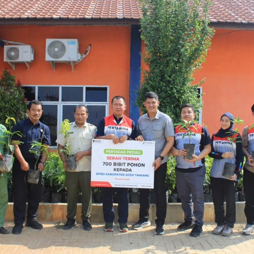 Foto: Manager Pertagas Operation North Sumatera Area, Gagan Suryanagara menyerahkan 700 bibit kelapa kepada BPBD Aceh Tamiang